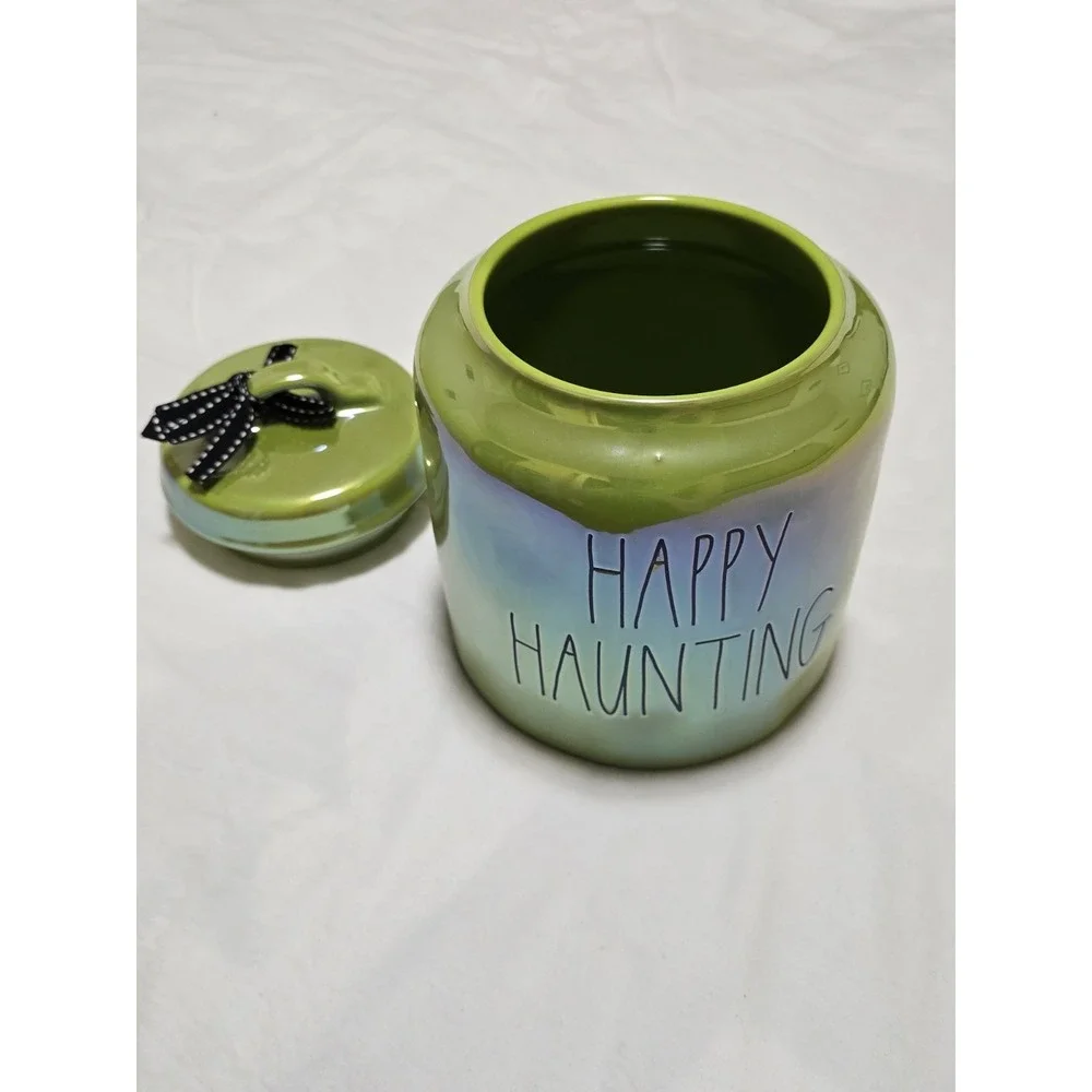 Rae Dunn Artisian Collection Lime Green Ceramic Happy Haunting Canister With Lid